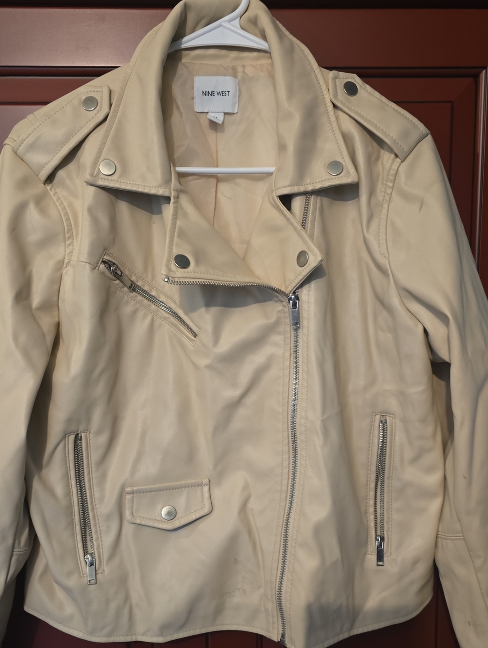 Nine West Cream Faux Leather Moto Jacket with Silver Hardware
